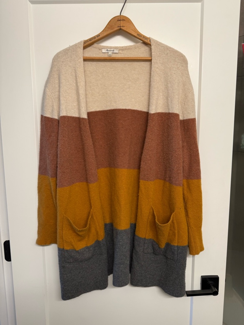 Madewell Colorblock Open Cardigan in Cream, Rust, Mustard, and Gray